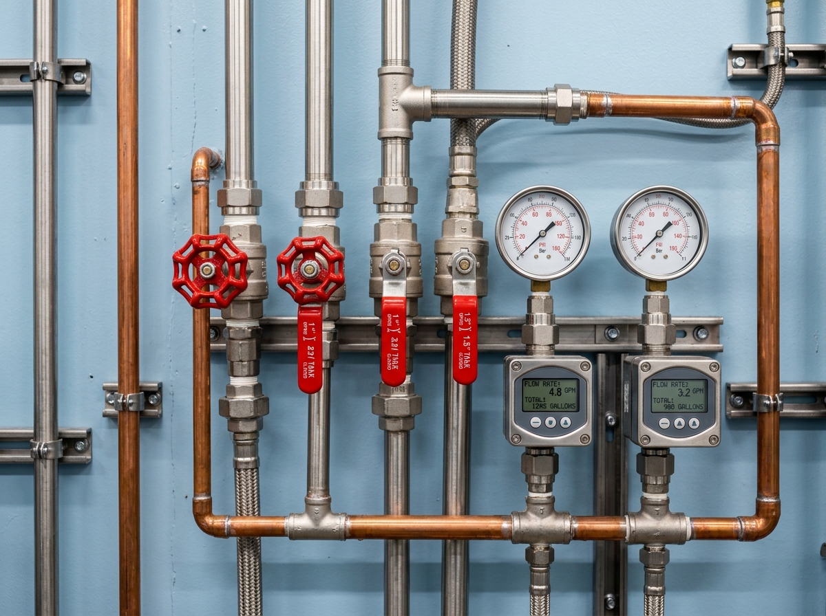 Plumbing pipes, red valves and digital gauges in Waterford